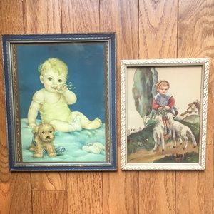 Vintage Framed Baby Art Prints Charlotte Becker Buddy Boy / Little Girl W/ Lambs